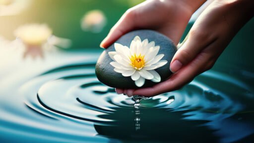 Hands holding a white petal lily flower over rippling water signifying kindness, gratitude, and inner peace.