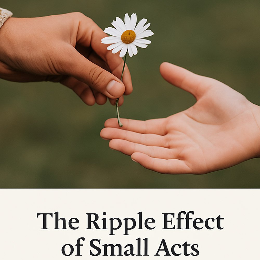 An image of gratitude and kindness of one hand giving a daisy to another, captioned, "The Ripple effect of Small Acts"