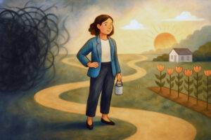 Painterly illustration of a woman walking away from a chaotic swirl representing overwhelming productivity tools and toward a calm sunrise landscape with a winding path, flowers, and a small home.