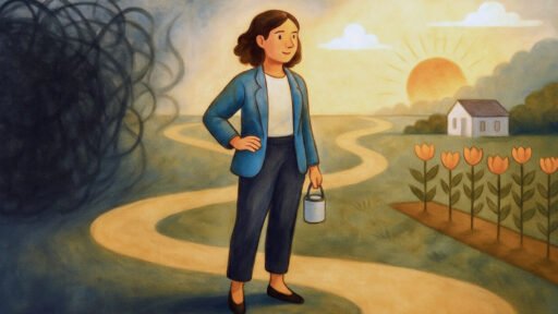 Painterly illustration of a woman walking away from a chaotic swirl representing overwhelming productivity tools and toward a calm sunrise landscape with a winding path, flowers, and a small home.