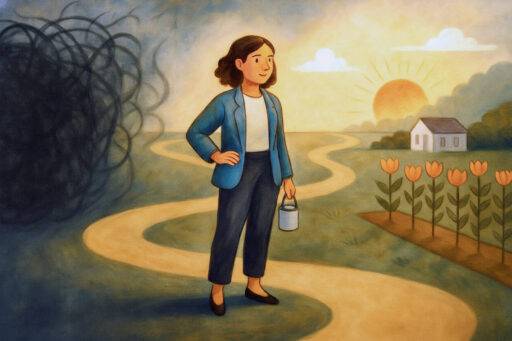 Painterly illustration of a woman walking away from a chaotic swirl representing overwhelming productivity tools and toward a calm sunrise landscape with a winding path, flowers, and a small home.