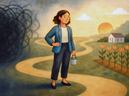 Painterly illustration of a woman walking away from a chaotic swirl representing overwhelming productivity tools and toward a calm sunrise landscape with a winding path, flowers, and a small home.