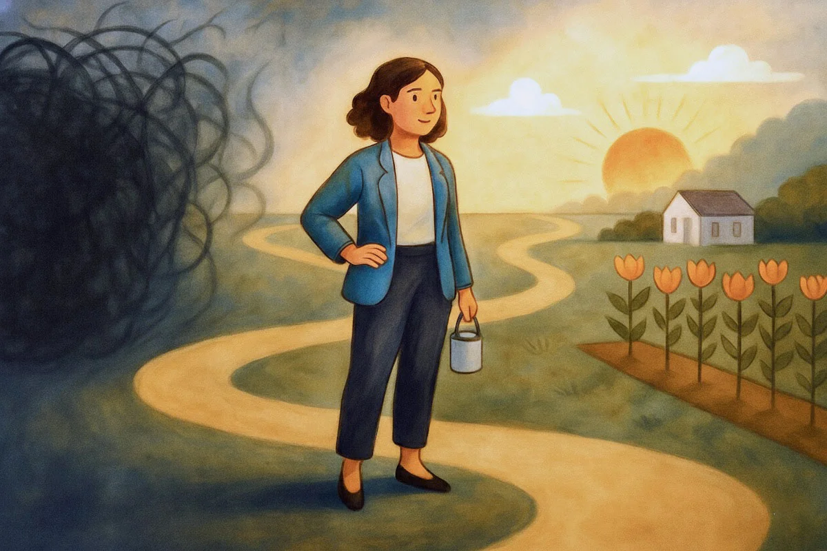 Painterly illustration of a woman walking away from a chaotic swirl representing overwhelming productivity tools and toward a calm sunrise landscape with a winding path, flowers, and a small home.