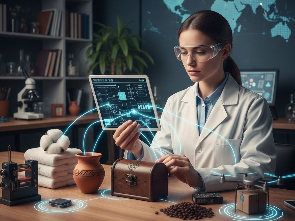Woman at a desk researching the supply chain of several products.