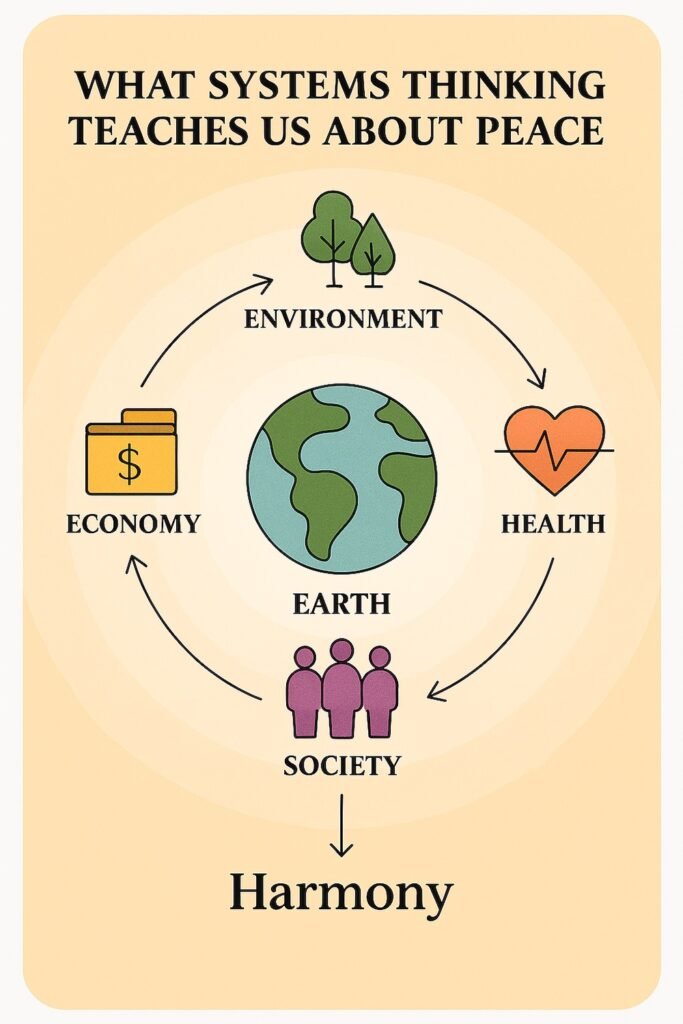 A systems thinking diagram showing the interconnectedness of the environment, health, economy, and society.