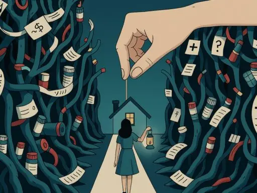 A woman walks with a lantern down a narrow path toward a small house while towering, tangled structures made of medical bills, pills, and tubes rise on both sides. A large hand from above draws a glowing golden path ahead, symbolizing guidance through the confusing healthcare system and why is healthcare so confusing?