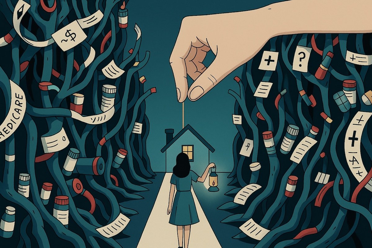 A woman walks with a lantern down a narrow path toward a small house while towering, tangled structures made of medical bills, pills, and tubes rise on both sides. A large hand from above draws a glowing golden path ahead, symbolizing guidance through the confusing healthcare system and why is healthcare so confusing?
