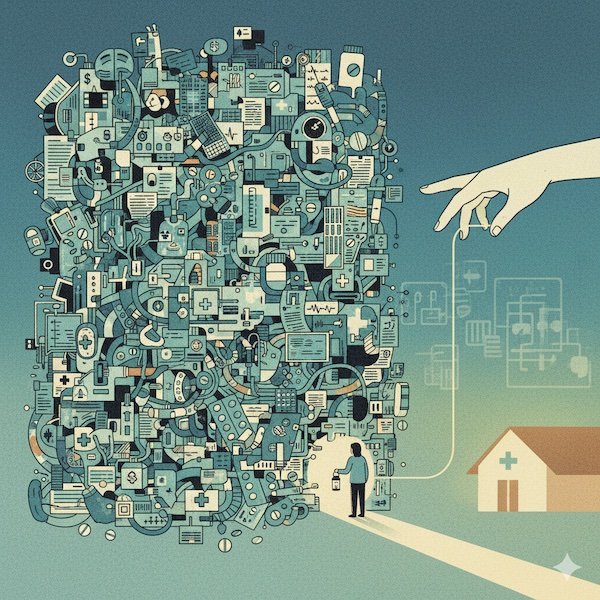 A hand pulling a string as a figure enters a structure made up of bills as he tries to figure out, why is healthcare so confusing?