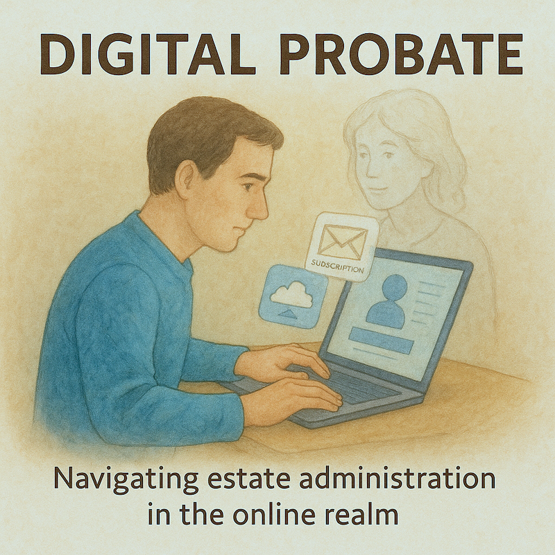 Man at desk doing digital probate research. Next to him is a ghost-like figure.