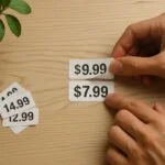 A photo showing a pair of hands peeling back layered price stickers on a wooden tabletop to reveal the real price beneath.