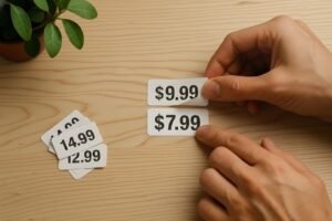 A photo showing a pair of hands peeling back layered price stickers on a wooden tabletop to reveal the real price beneath.