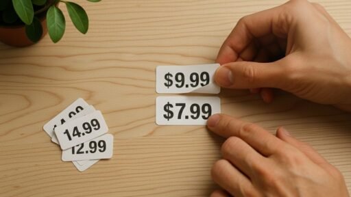 A photo showing a pair of hands peeling back layered price stickers on a wooden tabletop to reveal the real price beneath.