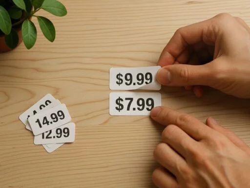 A photo showing a pair of hands peeling back layered price stickers on a wooden tabletop to reveal the real price beneath.