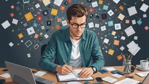 Man surrounded by overwhelming tasks lookinng for survival solutions