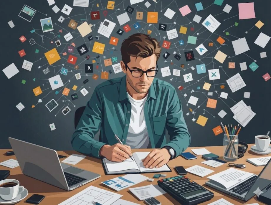 Man surrounded by overwhelming tasks lookinng for survival solutions