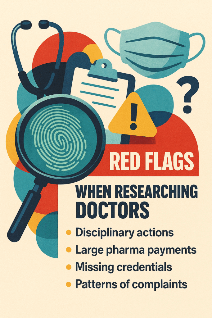 Vetting doctors: A bold, graphic-style illustration featuring a stethoscope, a surgical mask, a magnifying glass with a fingerprint, and overlapping colorful geometric shapes. Centered text reads: “Red Flags When Researching Doctors.” Below it is a checklist that says: “Disciplinary actions,” “Large pharma payments,” “Missing credentials,” and “Pattern of complaints.”